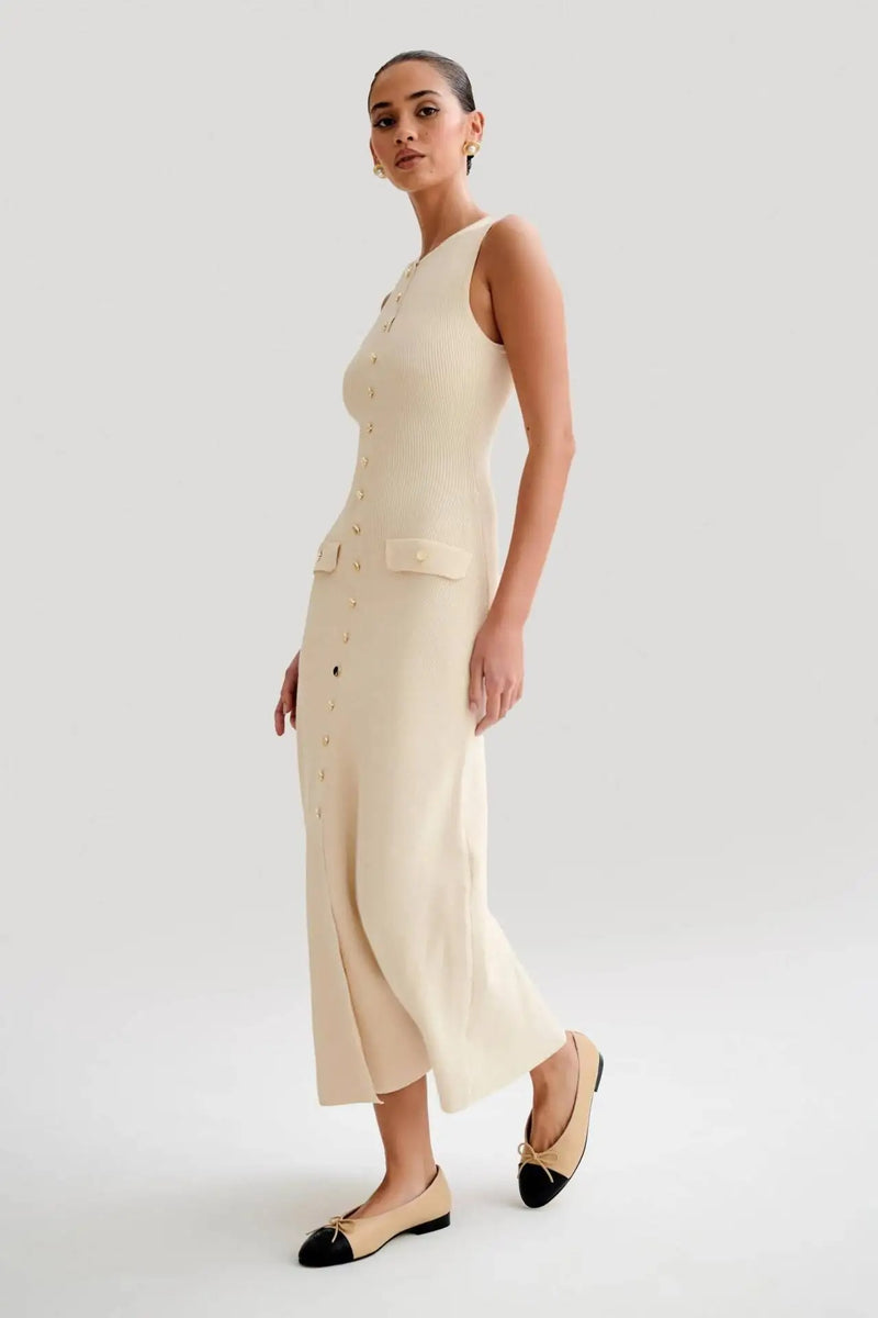 Stickad ärmlös Knäppning Bodycon Klänning för kvinnor