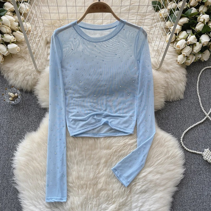 Rhinestone Mesh Långärmad Crop Top för kvinnor