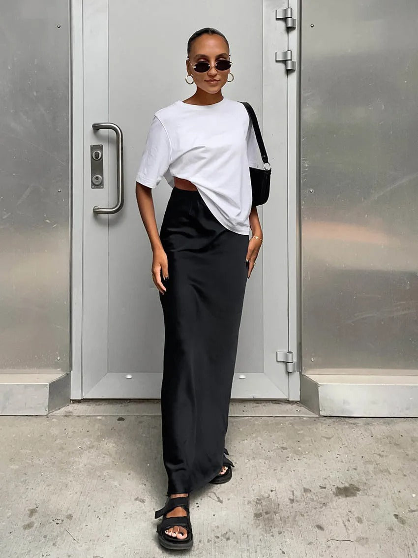 Satinkjol med hög midja för kvinnor