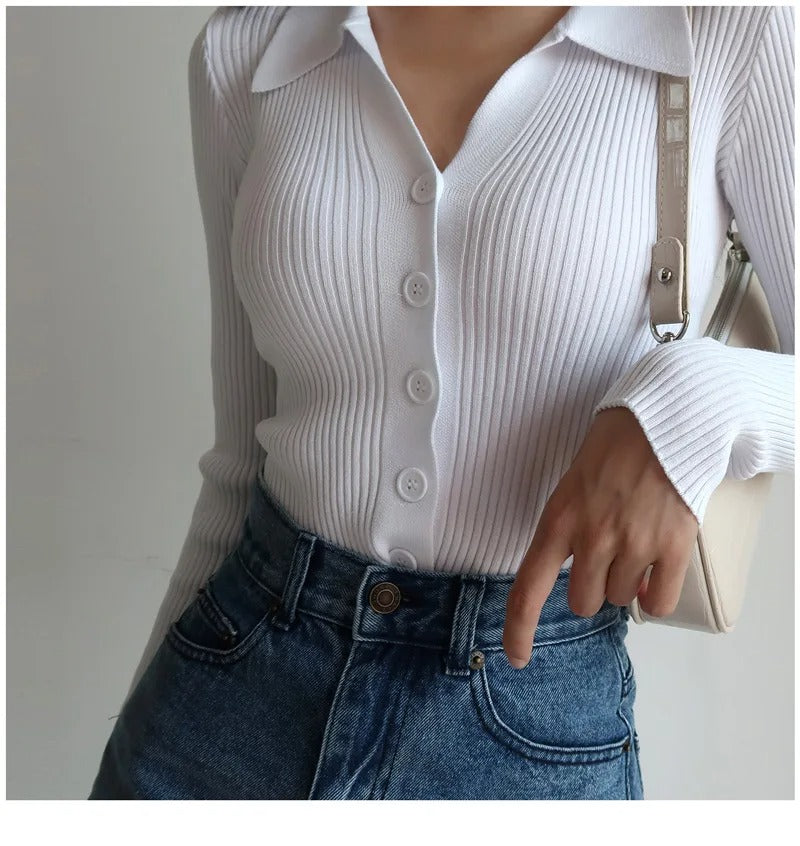 Stickad Slim Cardigan med V-ringad dam