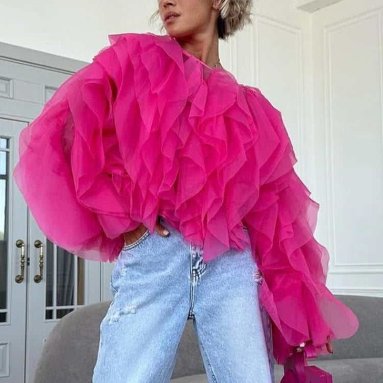 O-Neck Ruffle Shirt för kvinnor