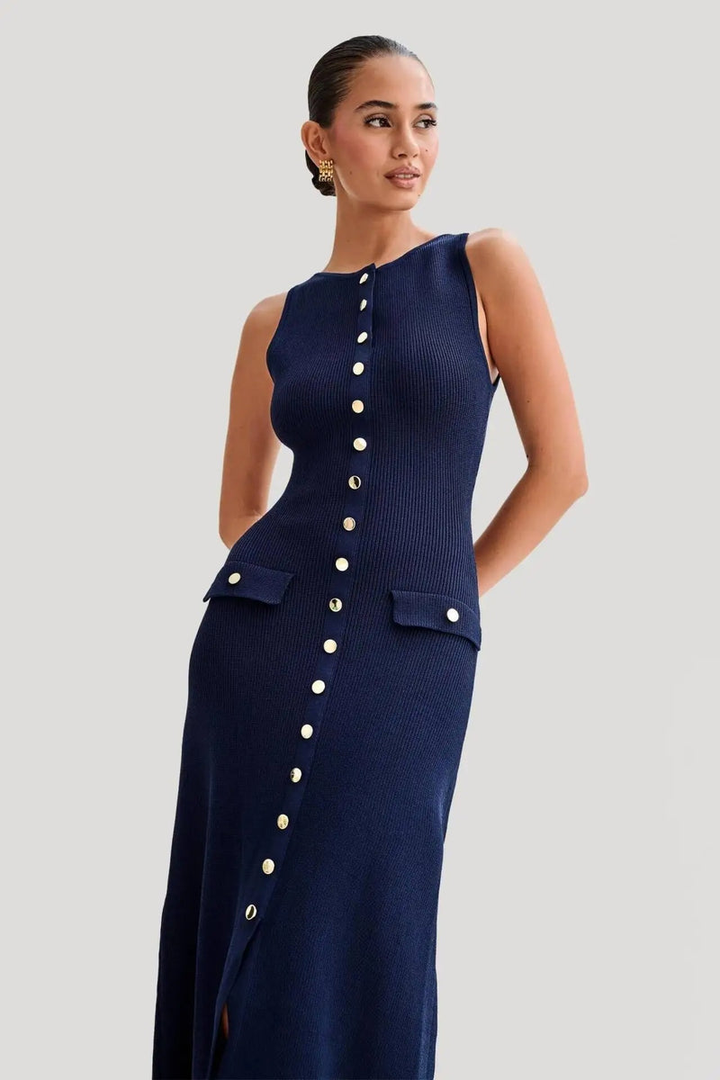 Stickad ärmlös Knäppning Bodycon Klänning för kvinnor
