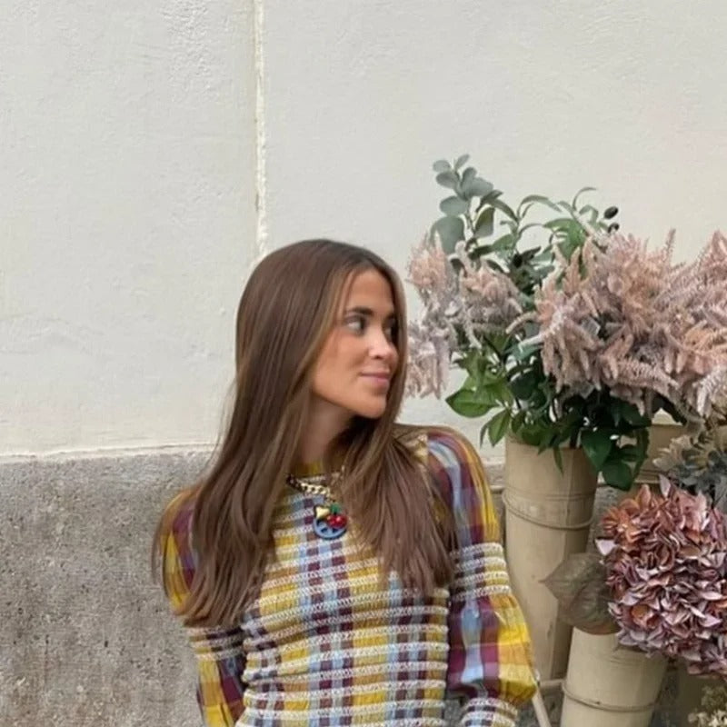 Rutig T-shirt med puffärm för kvinnor