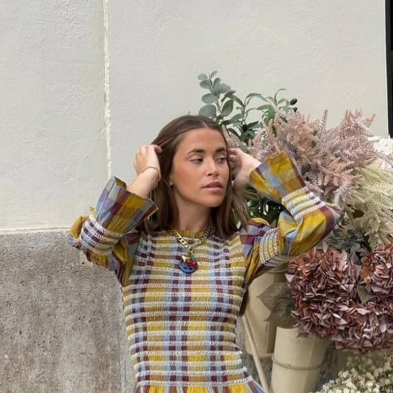 Rutig T-shirt med puffärm för kvinnor