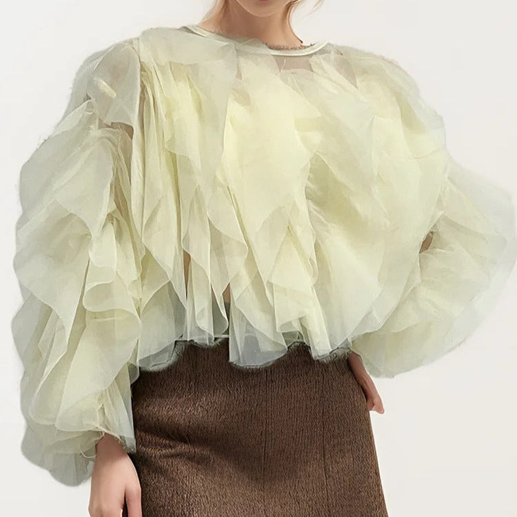 O-Neck Ruffle Shirt för kvinnor