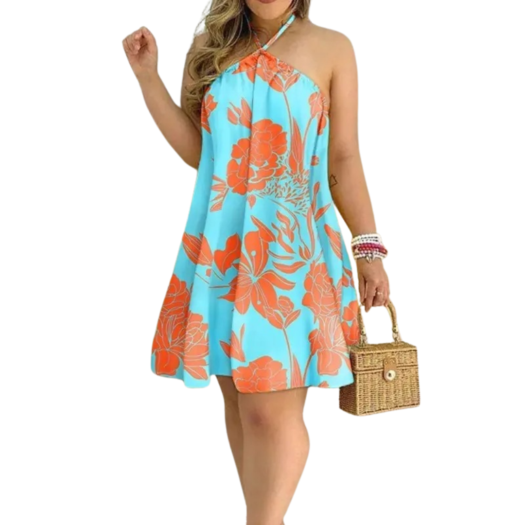 Tropical Print Halter Neck Backless Klänning