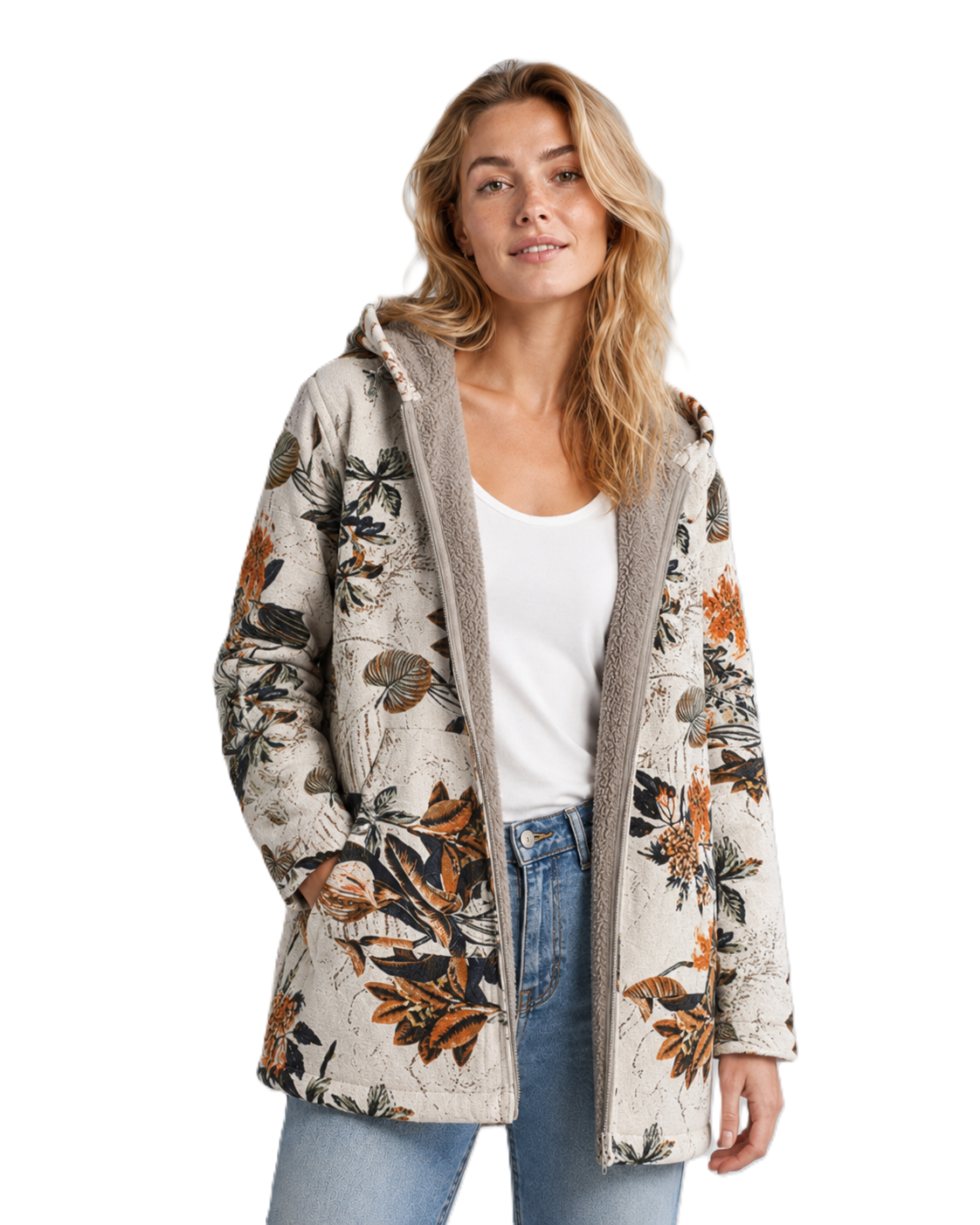Fleecejacka Dam Blommig Design med Huva för Avslappnad Stil