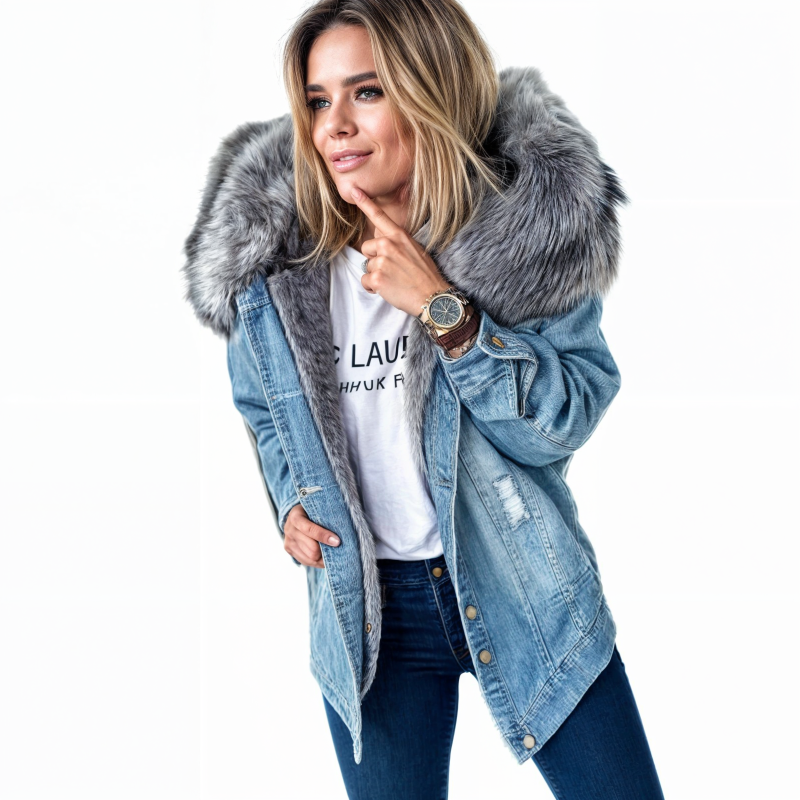 Denimjacka med pälskrage för kvinnor