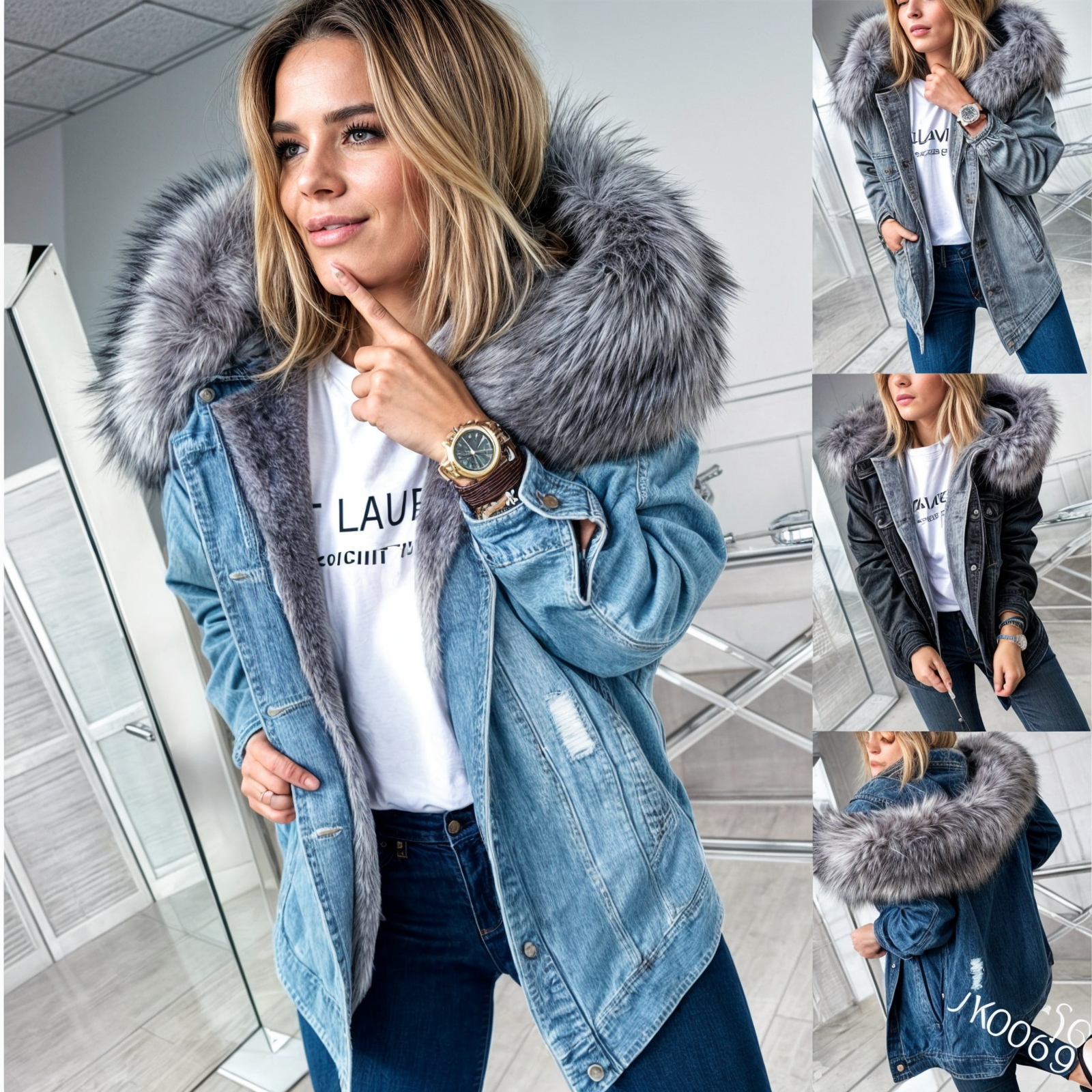 Denimjacka med pälskrage för kvinnor