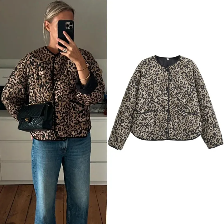 Leopard vadderad jacka för kvinnor