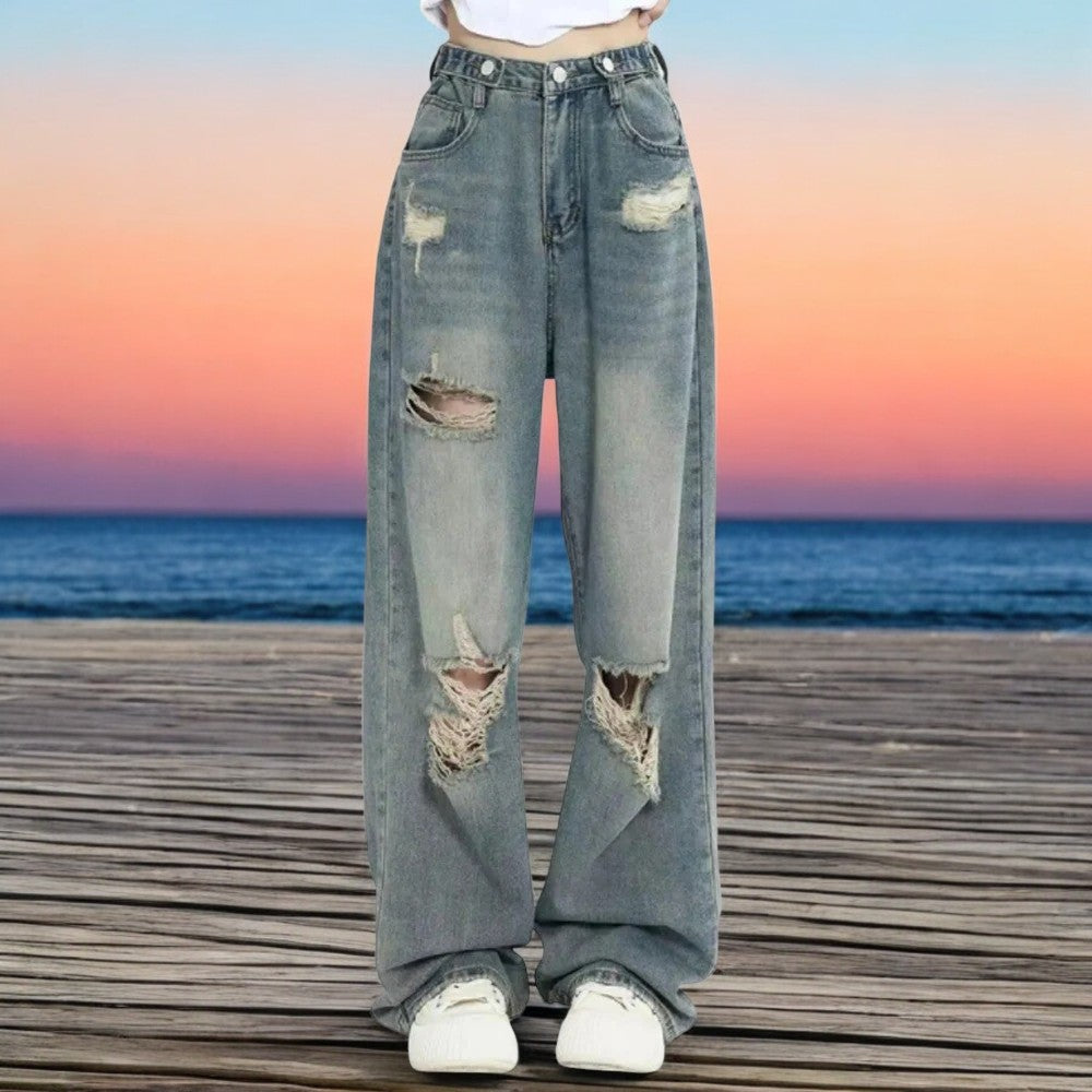 Rippade jeans med hög midja för dam