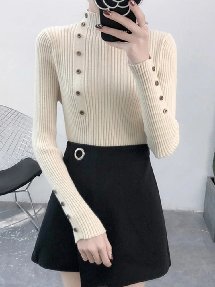 Sköldpaddshalsad pullover med hel ärm för kvinnor