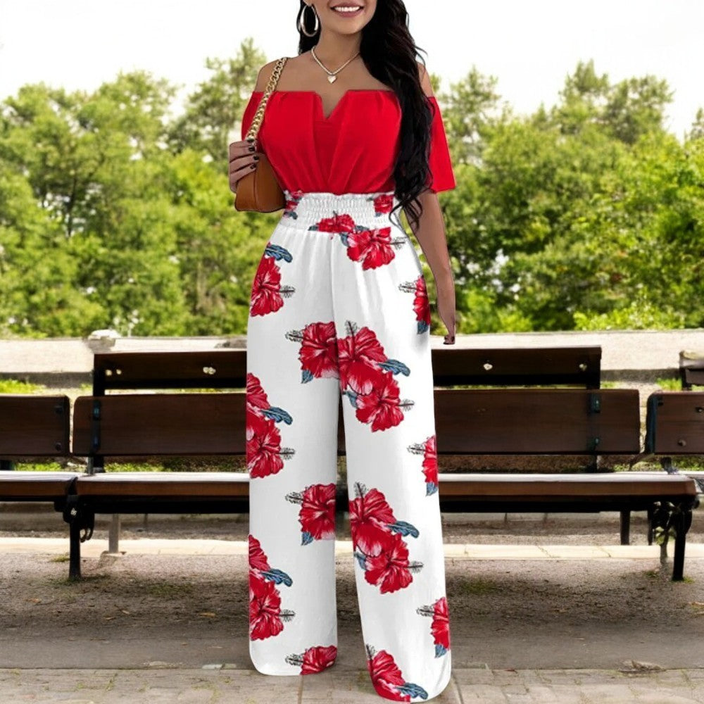 Mode Tryck Off-shoulder Smockad midja Jumpsuit