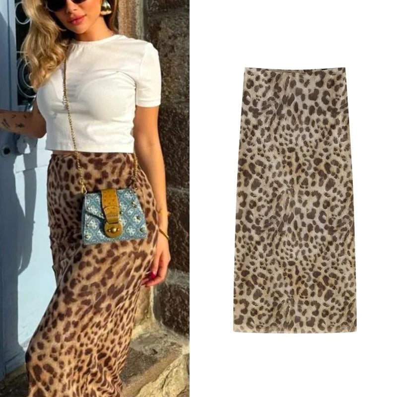 Lång kjol med leopardtryck för kvinnor