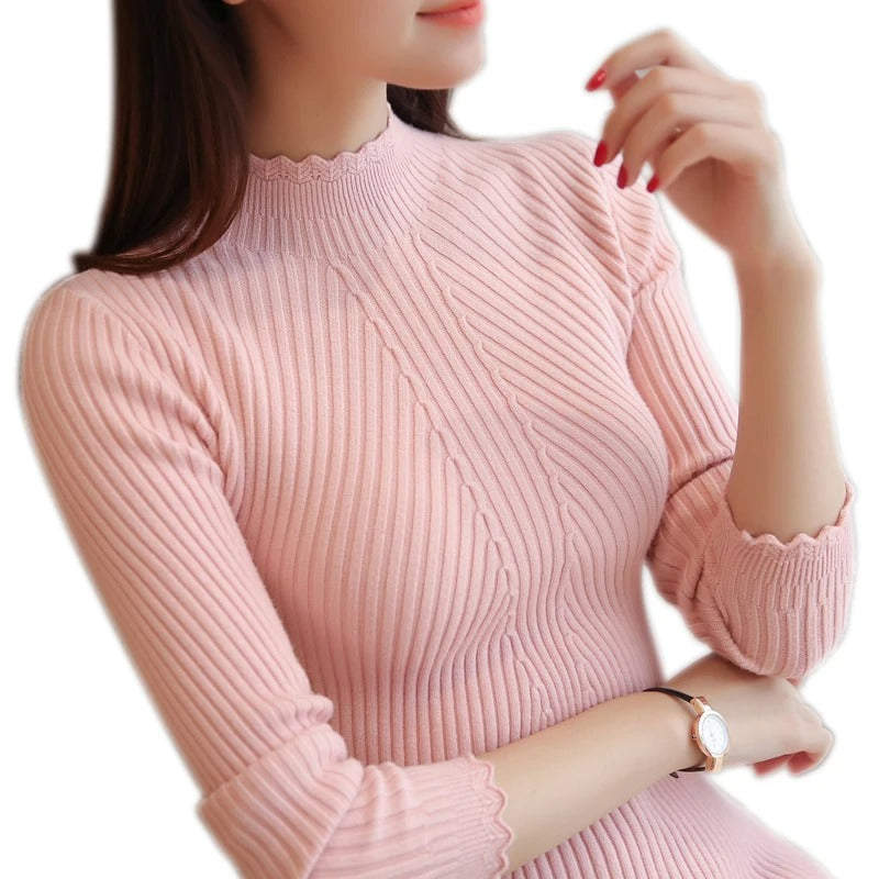 Stickad tröja med rufsig hals för kvinnor