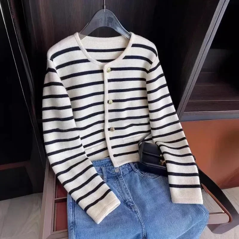 Stickad randig cardigan för kvinnor