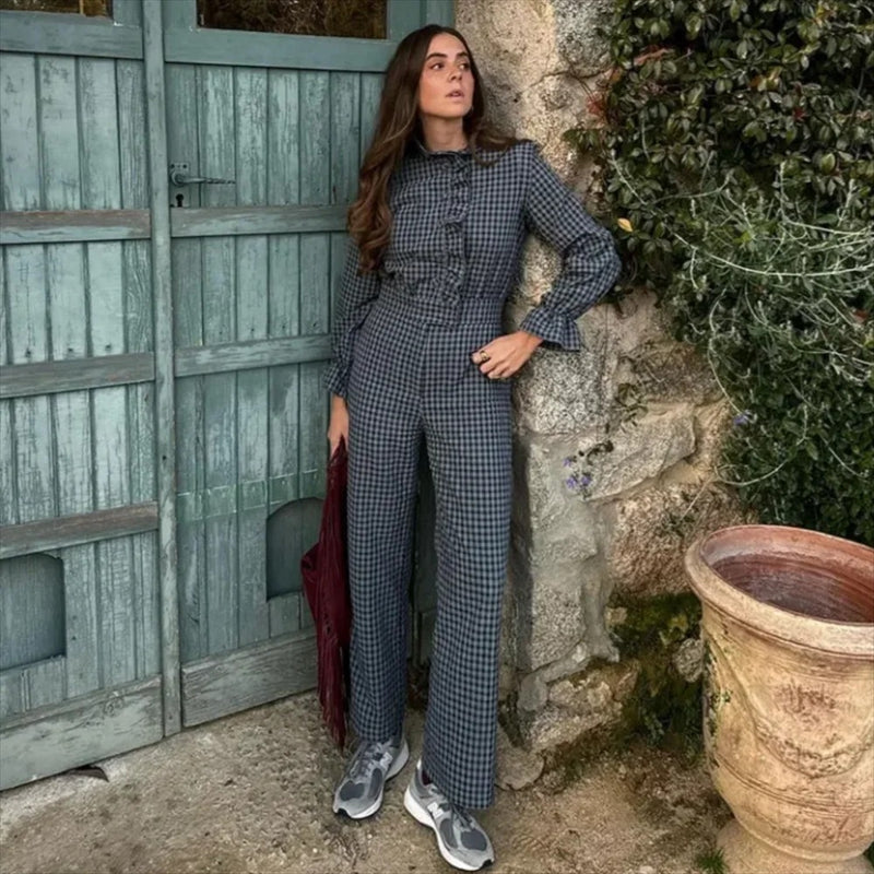 Bubbelärmad rutig jumpsuit för kvinnor