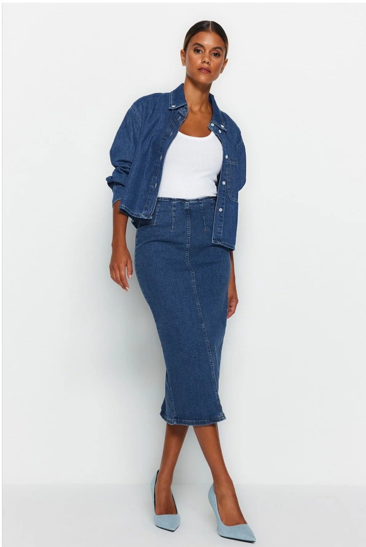 Midi Pencil Denim Kjol för kvinnor