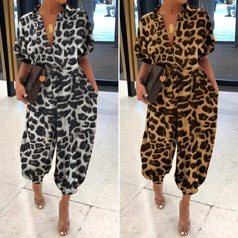 Leopardmönstrade V-ringade Rompers med knutar för kvinnor