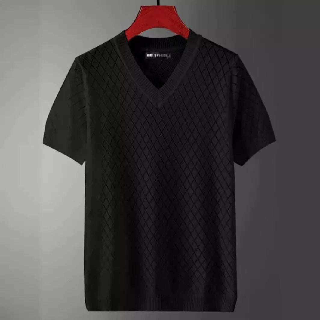 Herr-T-shirt i is-silke med V-ringning