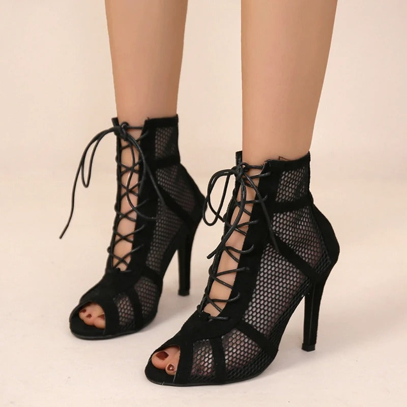 Damsandaler i mesh med Peep Toe-klack