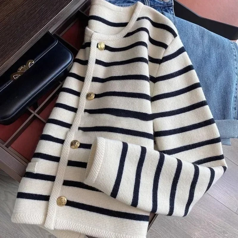 Stickad randig cardigan för kvinnor
