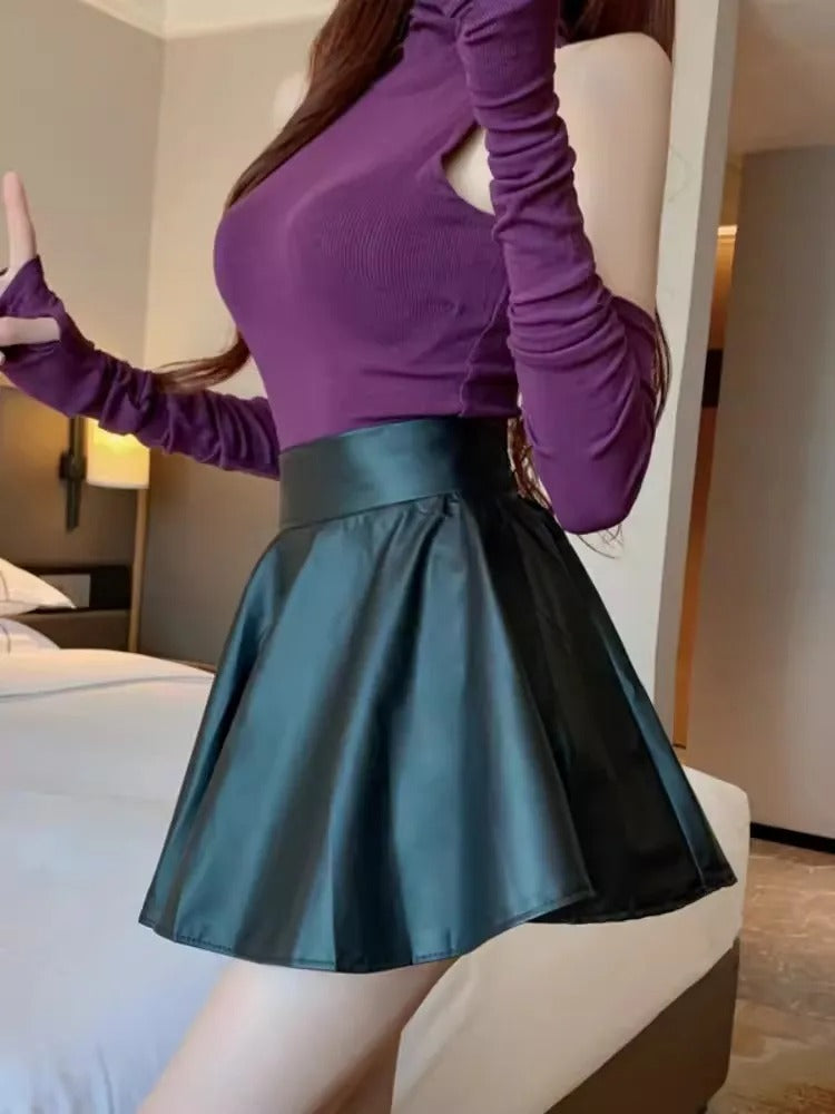 Vintage plisserad läderkjol med hög midja