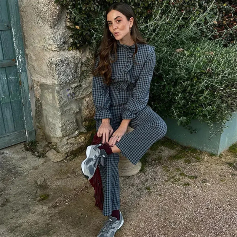 Bubbelärmad rutig jumpsuit för kvinnor