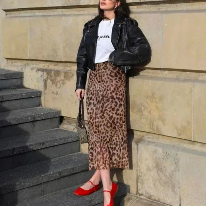 Lång kjol med leopardtryck för kvinnor