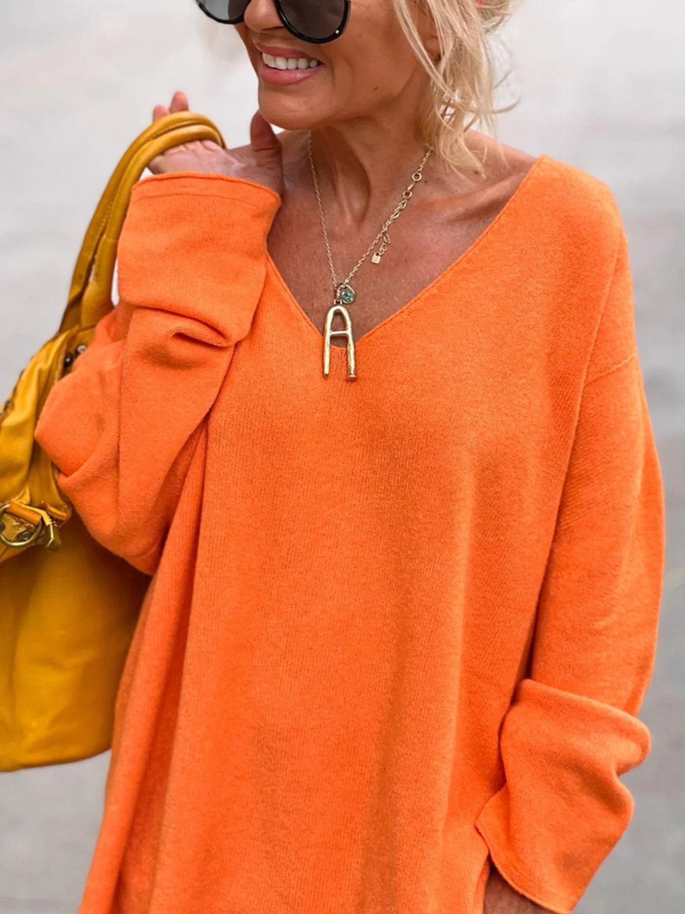 Oversized stickad V-ringad tröja för kvinnor