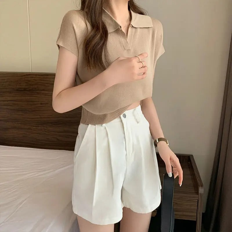 Kortärmad stickad polotröja för kvinnor