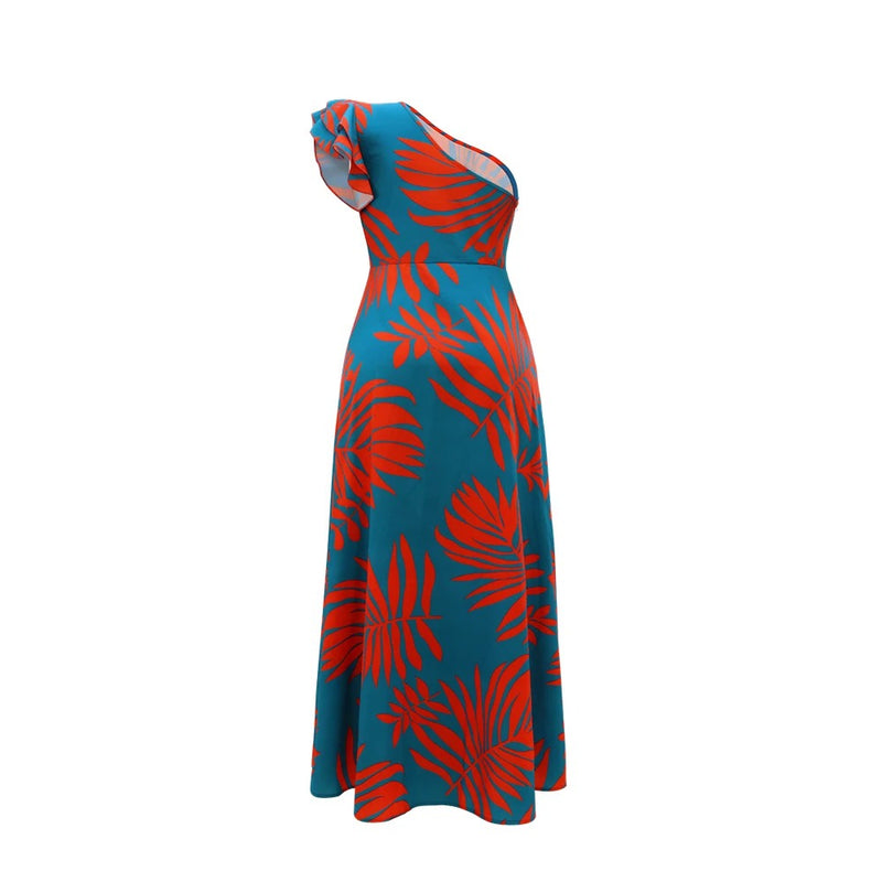 One Shoulder Tropical Print Maxiklänning