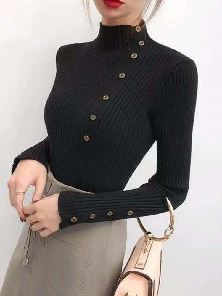 Sköldpaddshalsad pullover med hel ärm för kvinnor