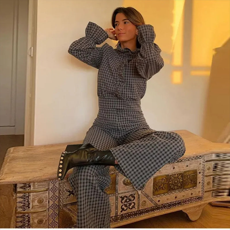 Bubbelärmad rutig jumpsuit för kvinnor