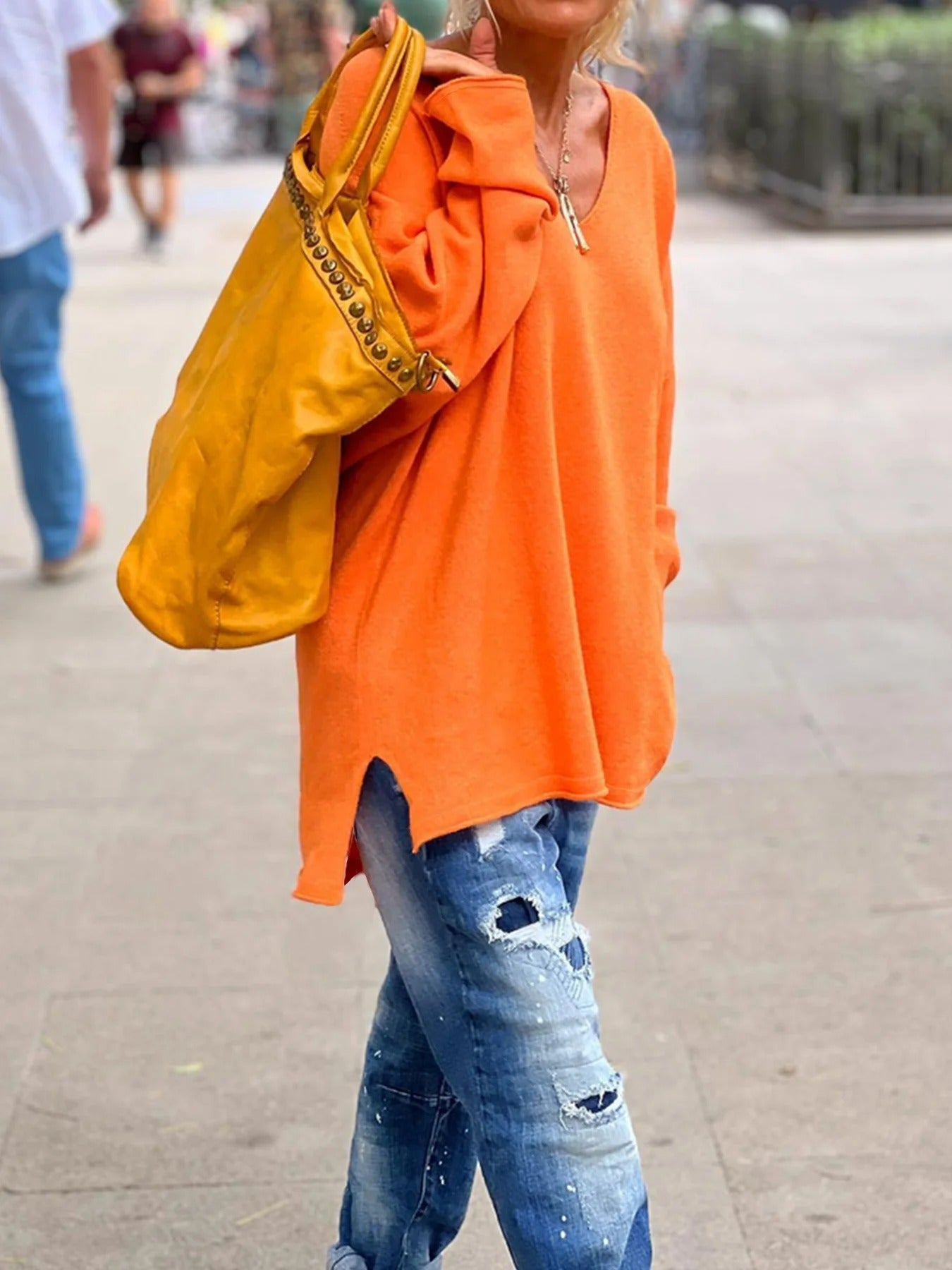 Oversized stickad V-ringad tröja för kvinnor