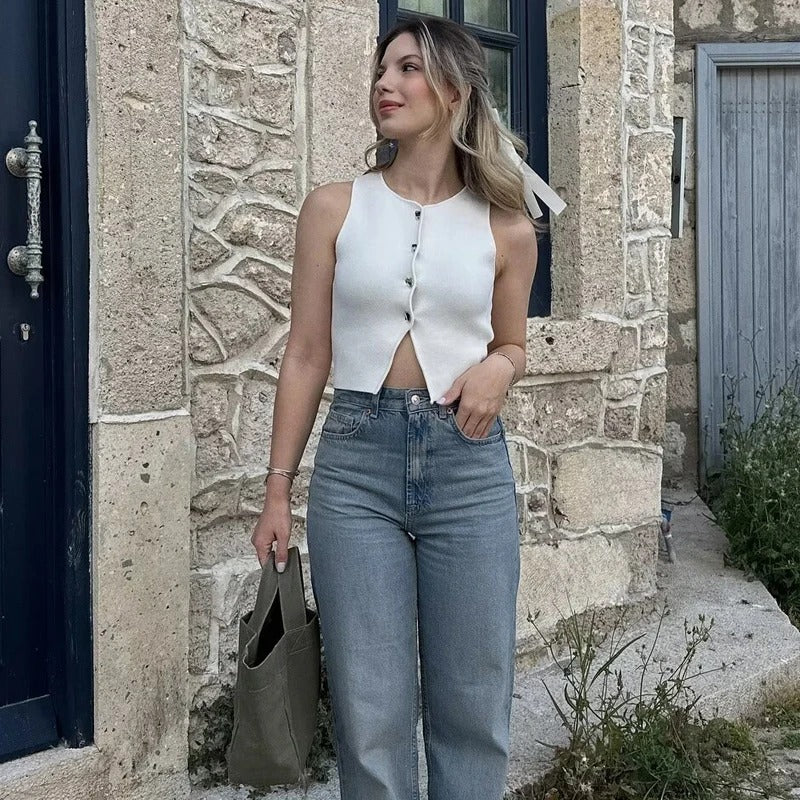 Stickad Crop linne med knäppning för kvinnor