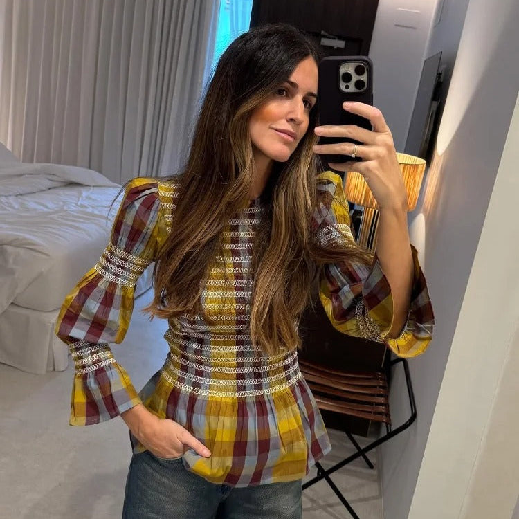 Rutig T-shirt med puffärm för kvinnor