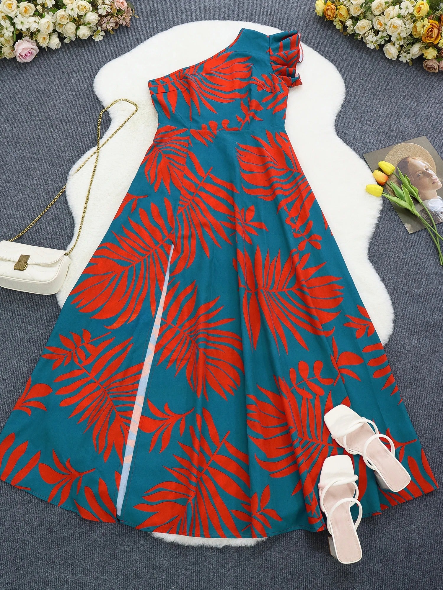 One Shoulder Tropical Print Maxiklänning