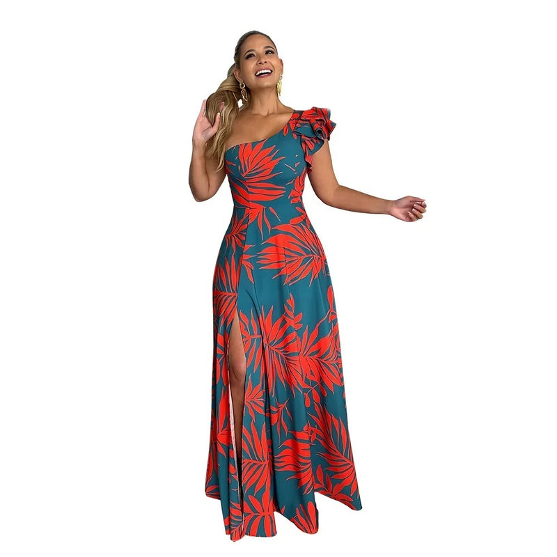 One Shoulder Tropical Print Maxiklänning