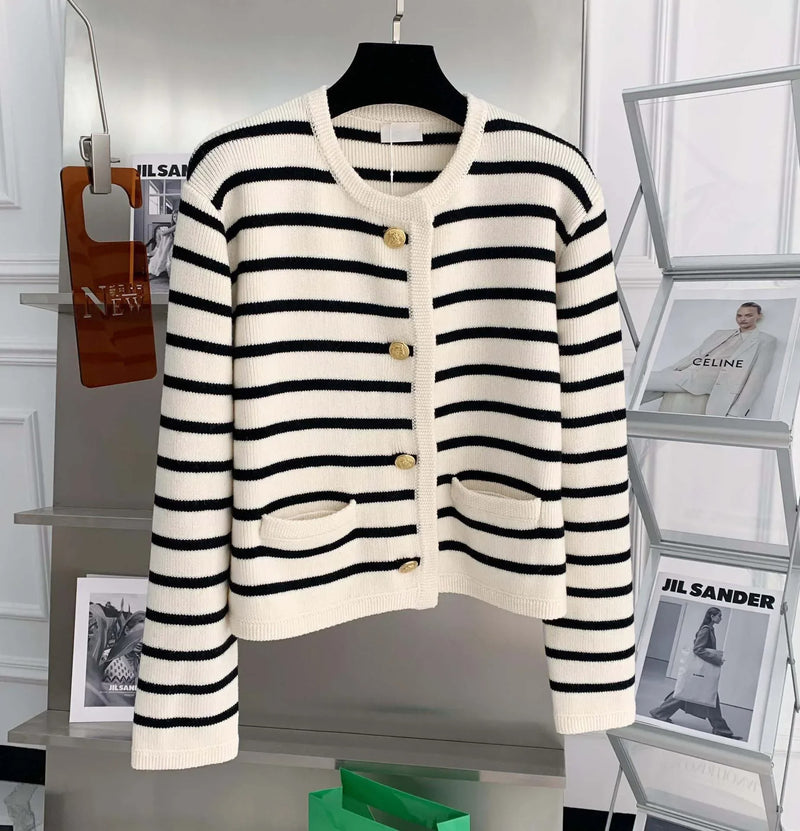 Stickad randig cardigan för kvinnor