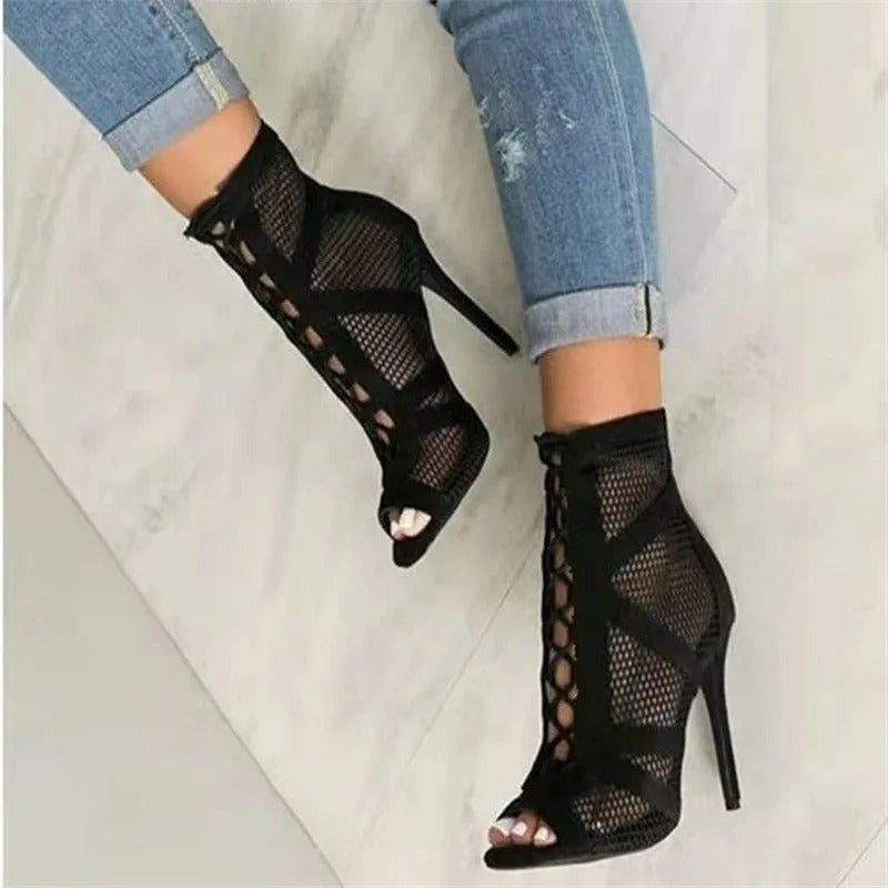 Damsandaler i mesh med Peep Toe-klack