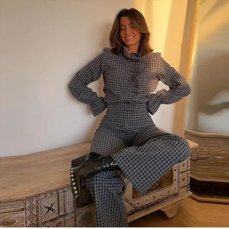 Bubbelärmad rutig jumpsuit för kvinnor