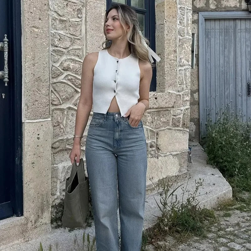 Croppad stickad väst för kvinnor