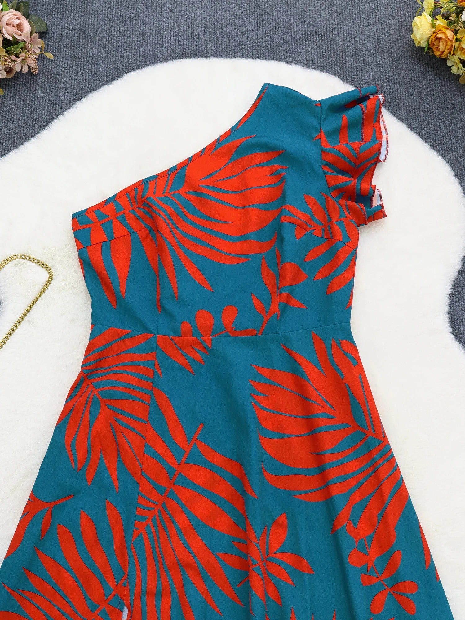 One Shoulder Tropical Print Maxiklänning