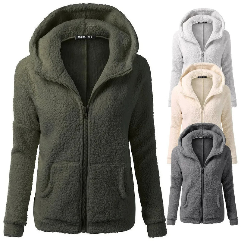 Fleece vinterjacka med huva för kvinnor