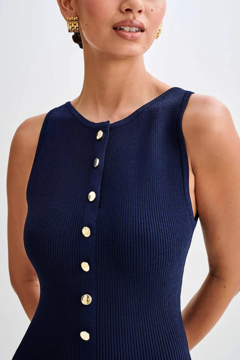 Stickad ärmlös Knäppning Bodycon Klänning för kvinnor