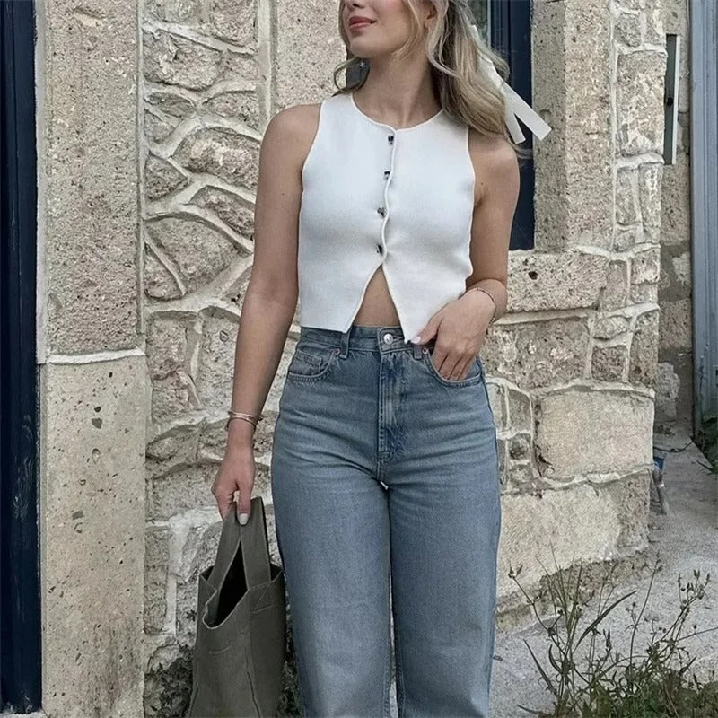 Croppad stickad väst för kvinnor