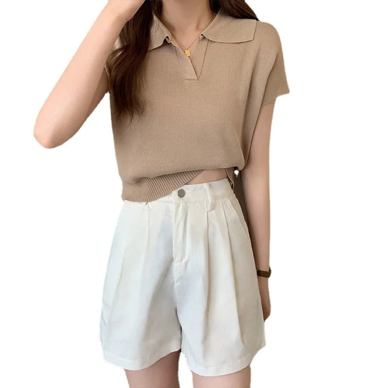 Kortärmad stickad polotröja för kvinnor