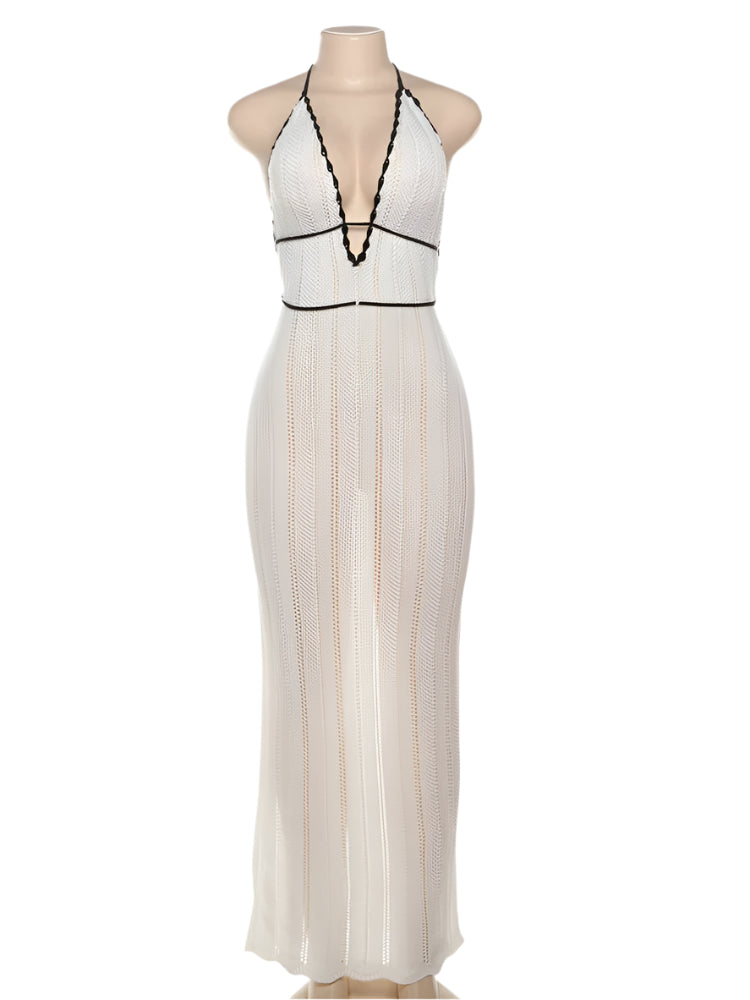 Damklänning i färgblock med snörning bak och ryggfri halterneck