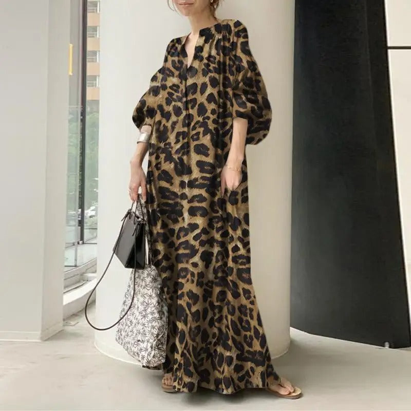 Maxiklänning med leopardmönster för kvinnor